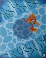 Un poisson orange dans une eau bleue et abstraite