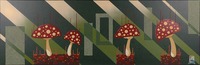 Quatre champignons aux chapeaux rouges sur un fond forestier abstrait