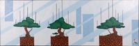 Trois arbres solitaires sur un fond abstrait blanc